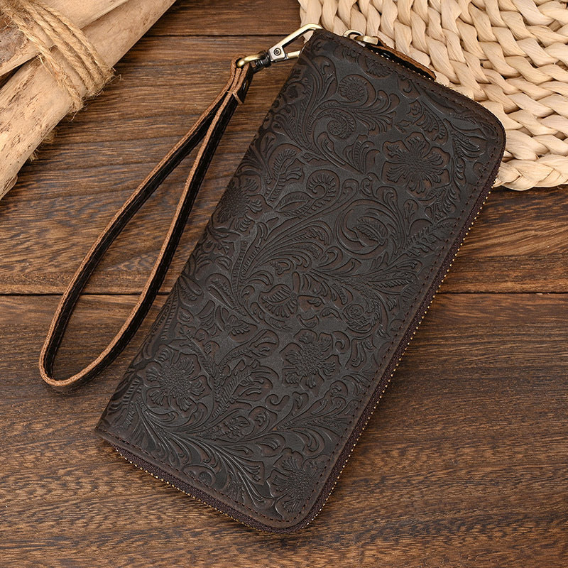 Men's Crazy Horse Leather Retro Embossing Fashion Long Men's Wallets