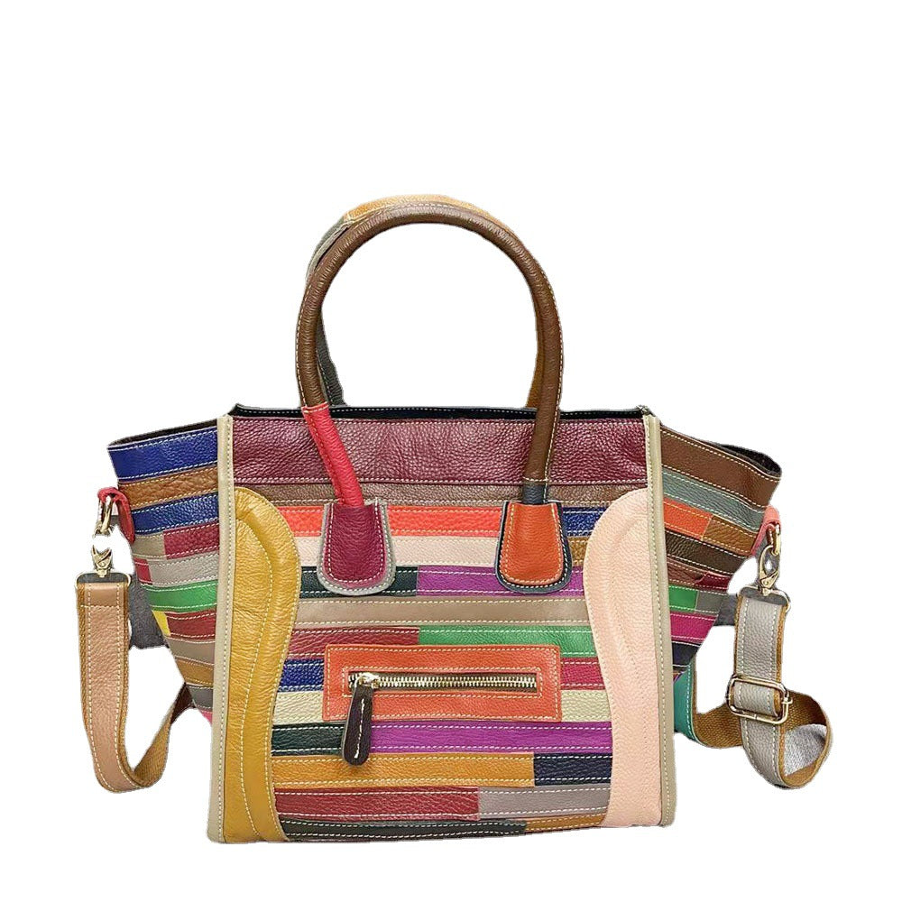 Women's Genuine Leather Cowhide Fan Real Stitching Smiling Handbags