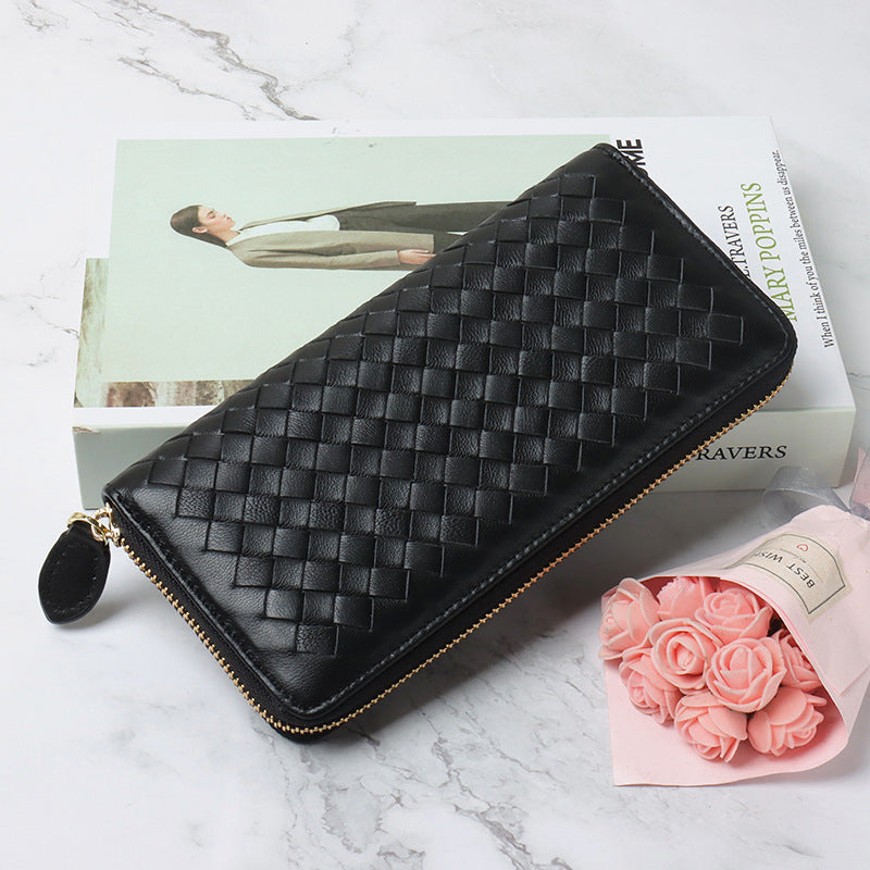 Women's & Men's Style Long Genuine Leather Hand-woven Sheepskin Ladies Wallets
