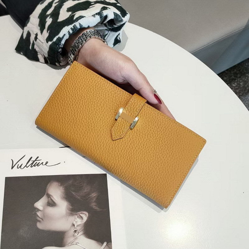 Women's Simple Cowhide Clutch Litchi Pattern Fashion Long Ladies Wallets