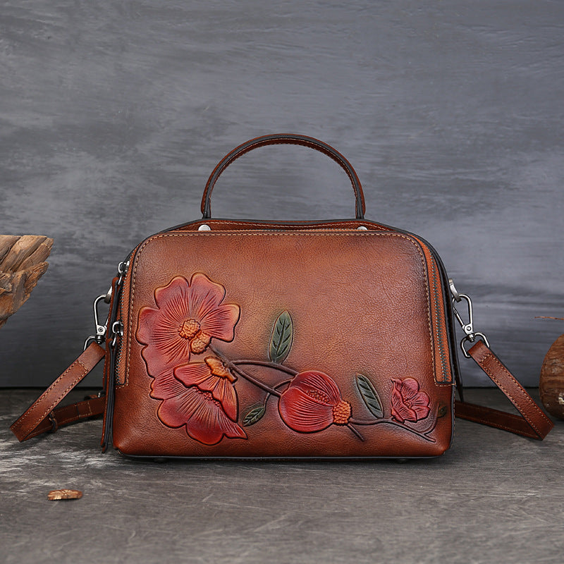 Women's Cowhide Vintage Pillow Artistic National Style Embossed Large Handbags