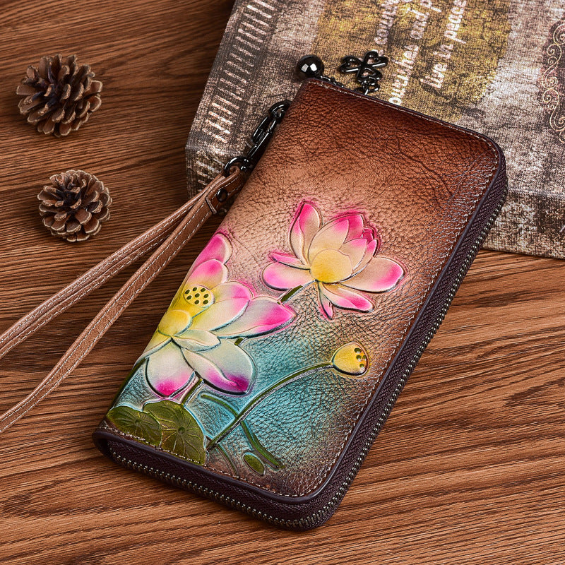Women's Chinese Long First Layer Cowhide Zipper Mobile Embossed Ladies Wallets