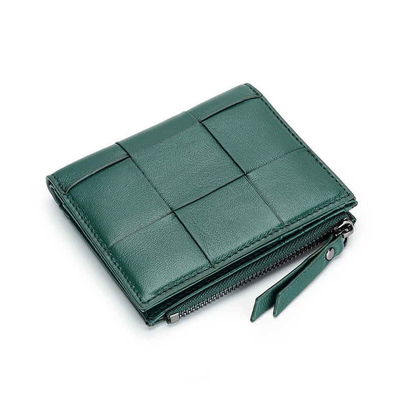 Women's Full Sheepskin Short Leather Hand-woven Folding Ladies Wallets