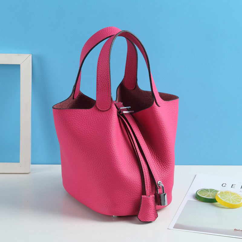 Lychee Pattern Vegetable Basket Genuine Leather Fashion First Layer Handbags