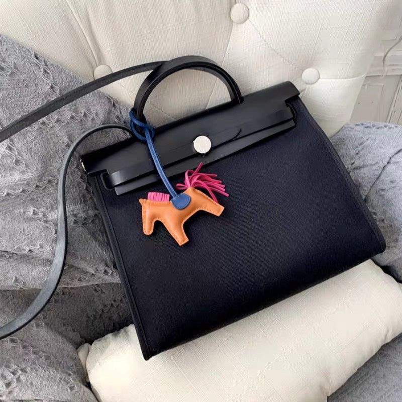 Women's Genuine Leather Kelly Cowhide Canvas Color Matching Handbags