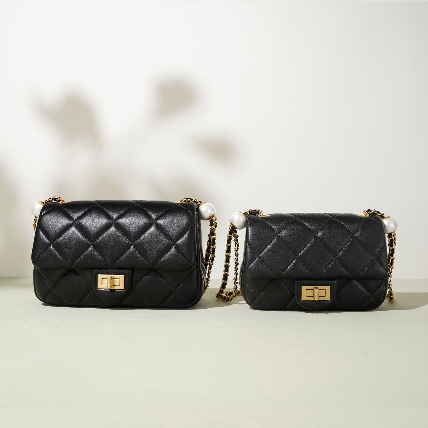 Women's Rhombus Double Pearl Fat Genuine Leather Shoulder Bags