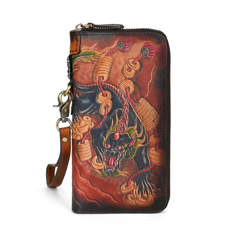 Men's Genuine Leather Carving Craft Retro Long Men's Wallets