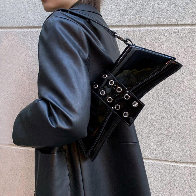 Dark Porous Contrast Color Patent Leather Bags