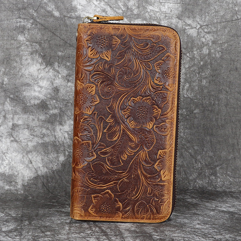 Men's Leather Zipper Retro Embossing First Layer Men's Wallets