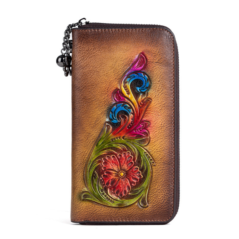Women's First Layer Cowhide Mid-length Embossed Retro Handbags