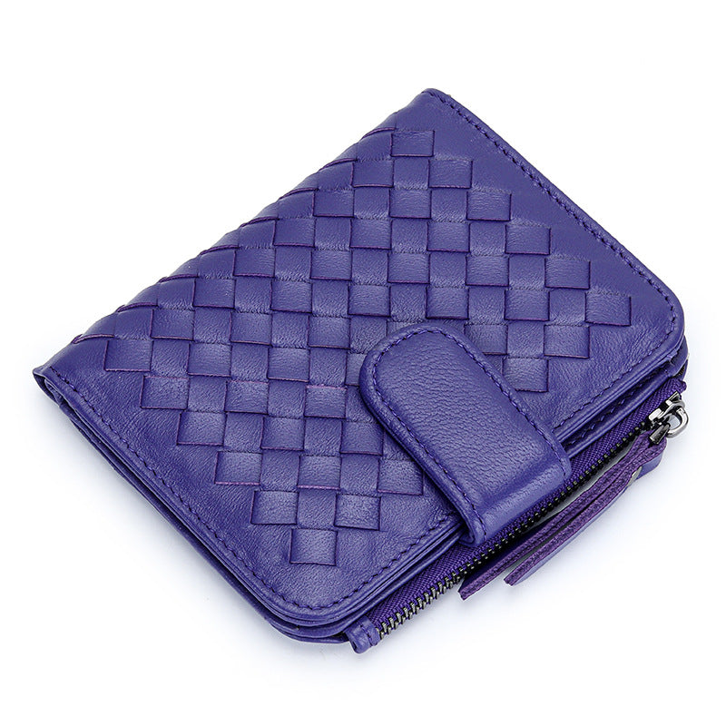 Women's Short Sheepskin Woven Classic Half Fold Ladies Wallets