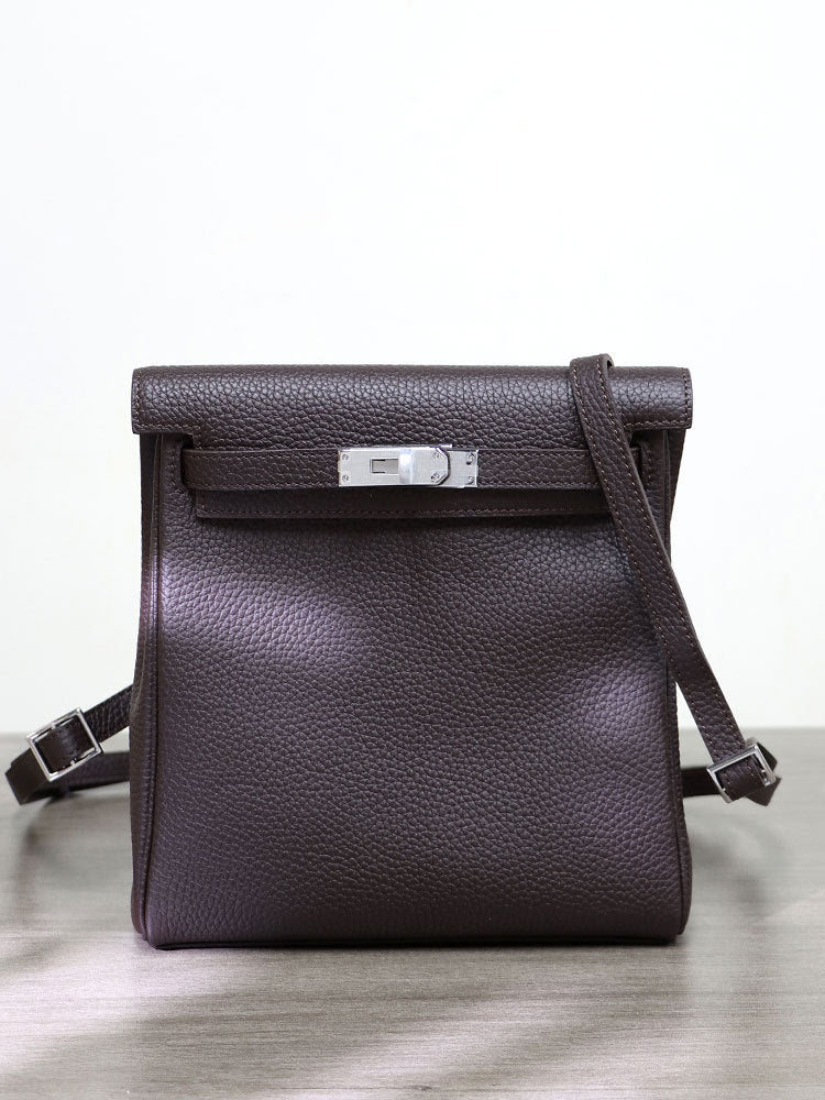 Women's Top Layer Cowhide Lychee Pattern Kelly Backpacks