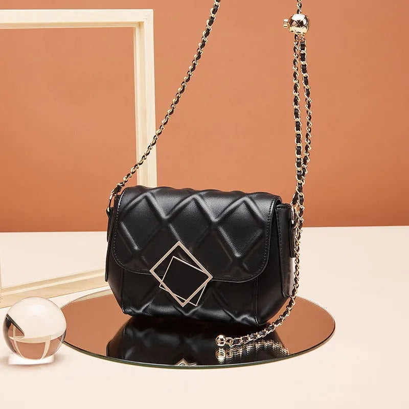 Women's Genuine Leather Light Luxury Diamond Pattern Fashion Golden Ball Shoulder Bags