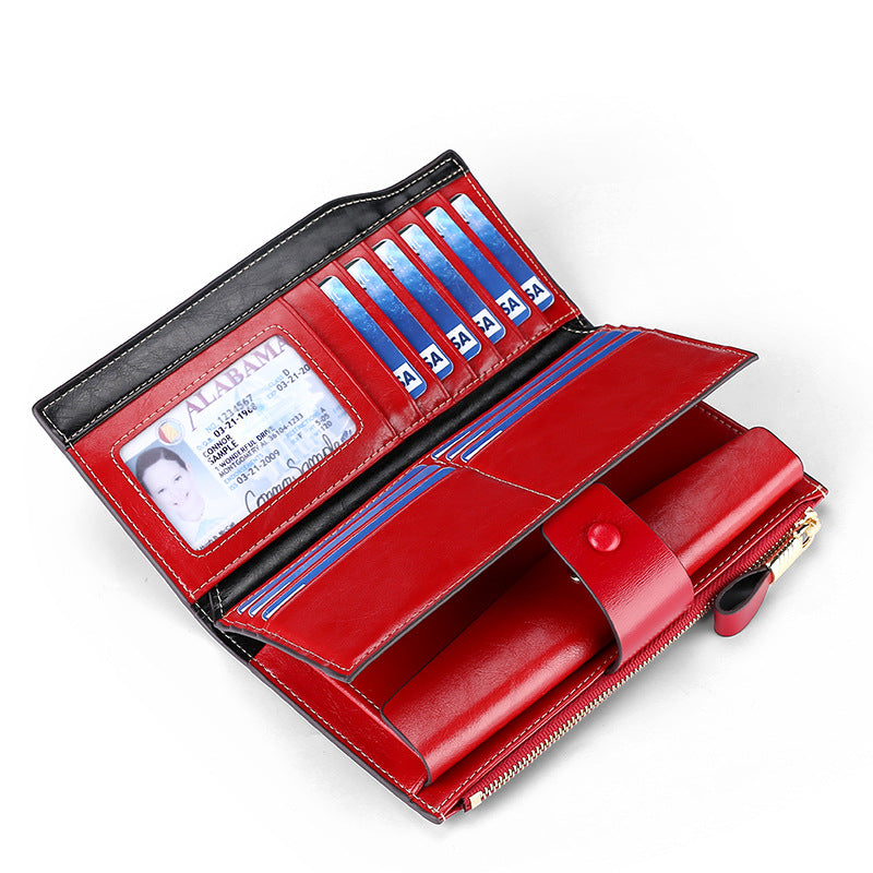 Top Layer Leather Long Swiping Multifunctional Retro Ladies Wallets