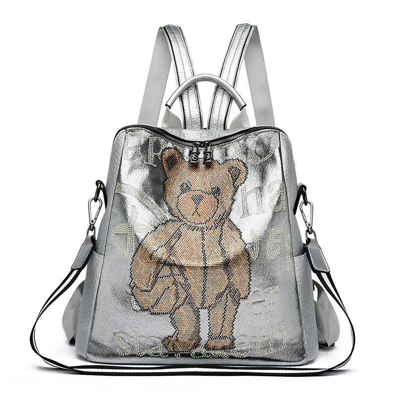 Women's Fat Bear Leather Trendy Embroidered Large Backpacks