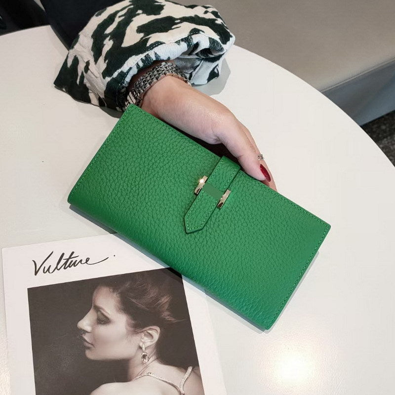 Women's Simple Cowhide Clutch Litchi Pattern Fashion Long Ladies Wallets