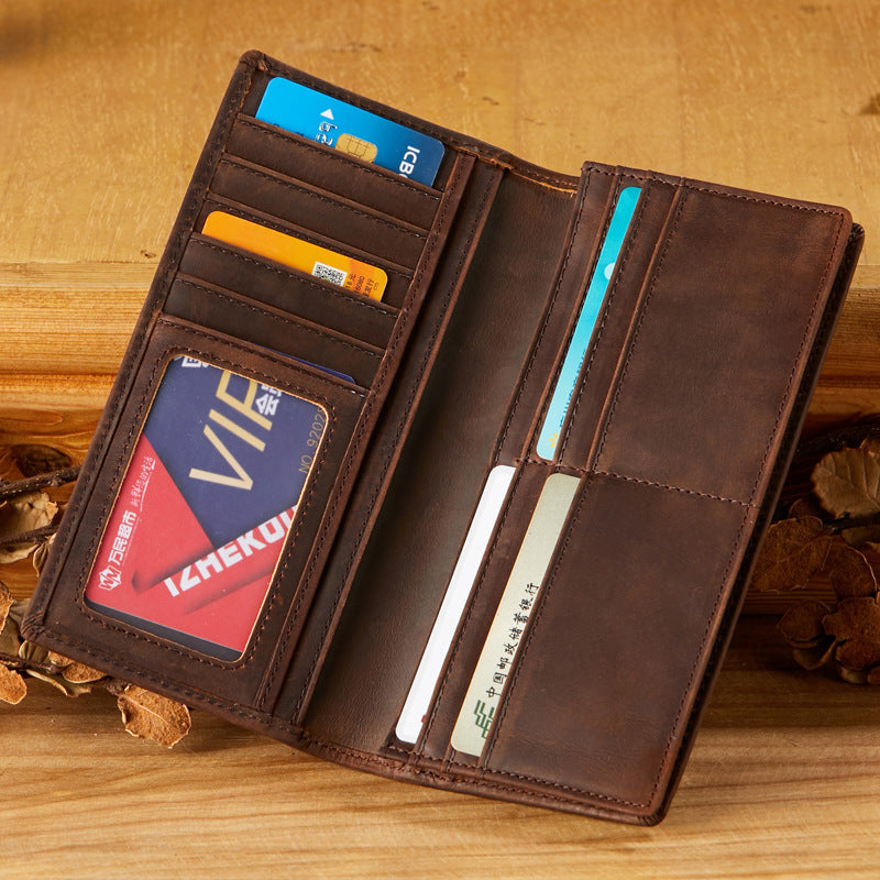Men's Leather For Man Long Cowhide Two Fold Crazy Horse Men's Wallets