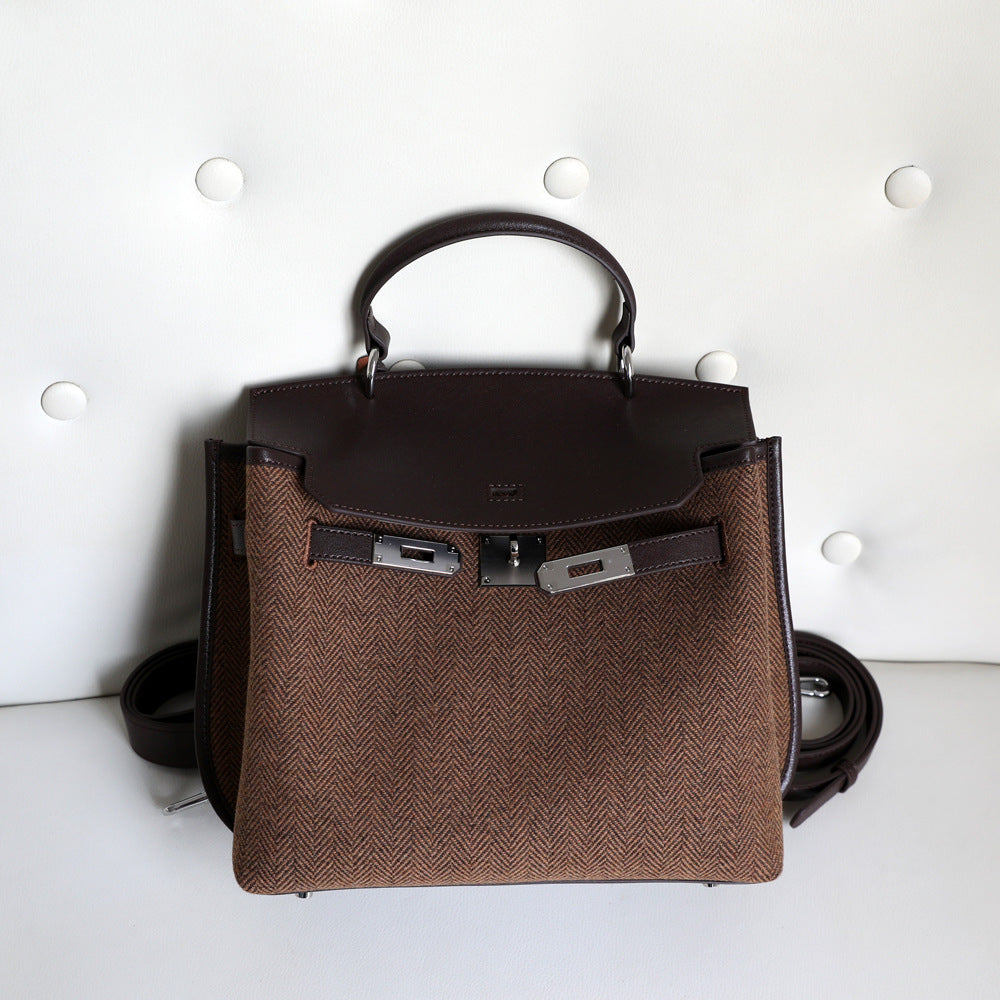 Women's High-grade Vintage Twill Canvas Stitched Cowhide Shoulder Bags