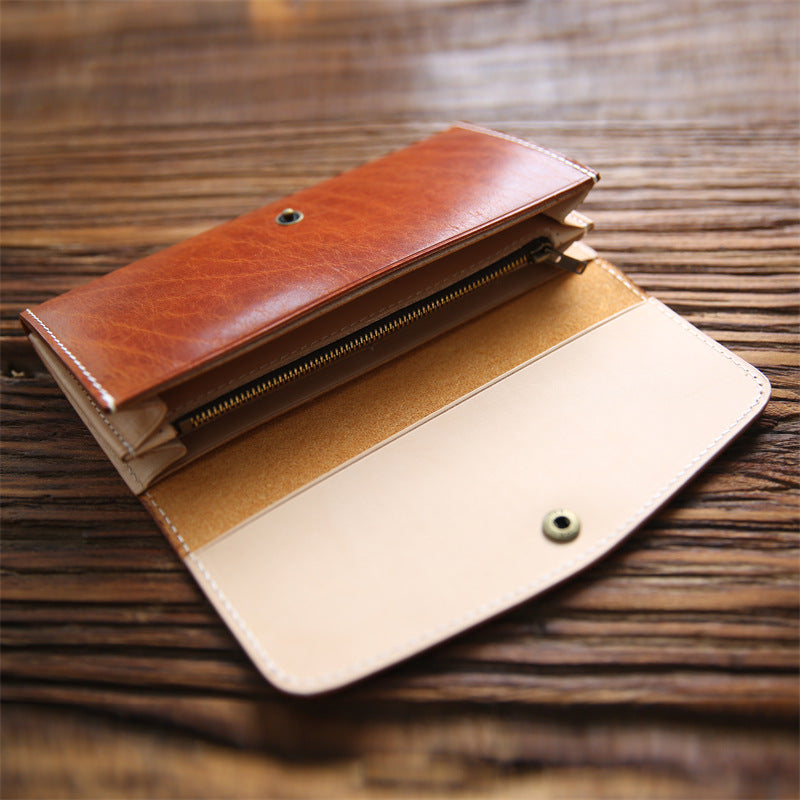 Women's & Men's Handmade Retro Long Leather First Layer Cowhide Clutch Men's Wallets