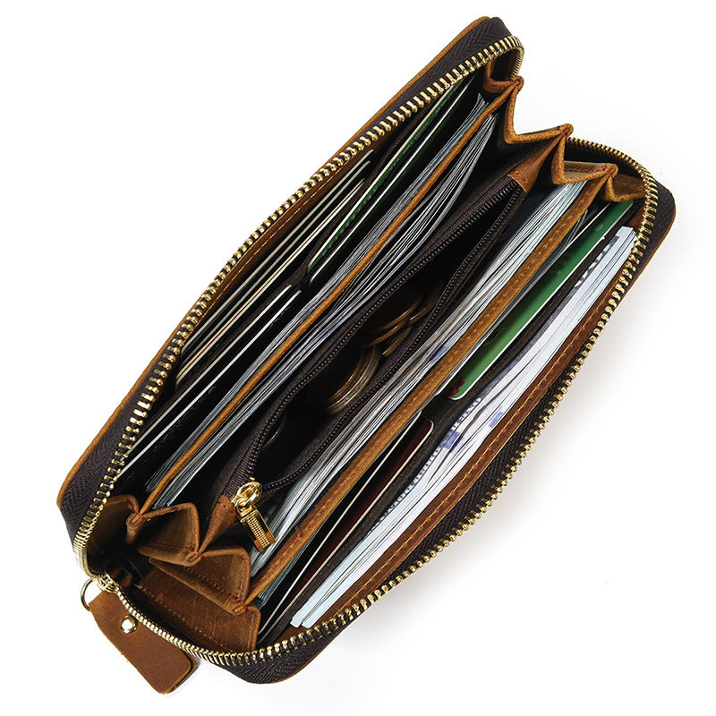 Men's Horse Leather Long Real Zipper First Layer Purses