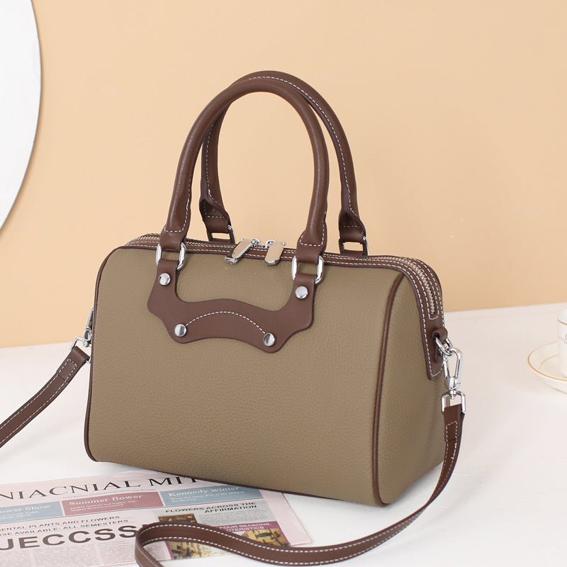 Women's Fashion Color Contrast Boston Genuine Leather Handbags