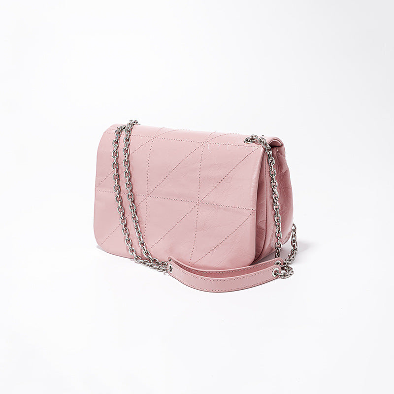 Oil Wax Cowhide Rhombus Chain Retro Easy Matching Shoulder Bags