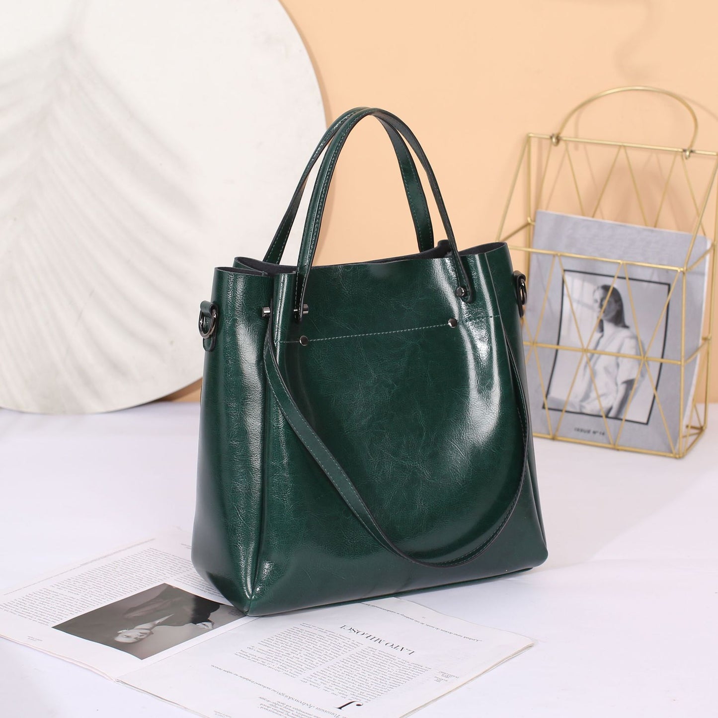 Women's Genuine Leather Oil Wax Simple Big Handbags