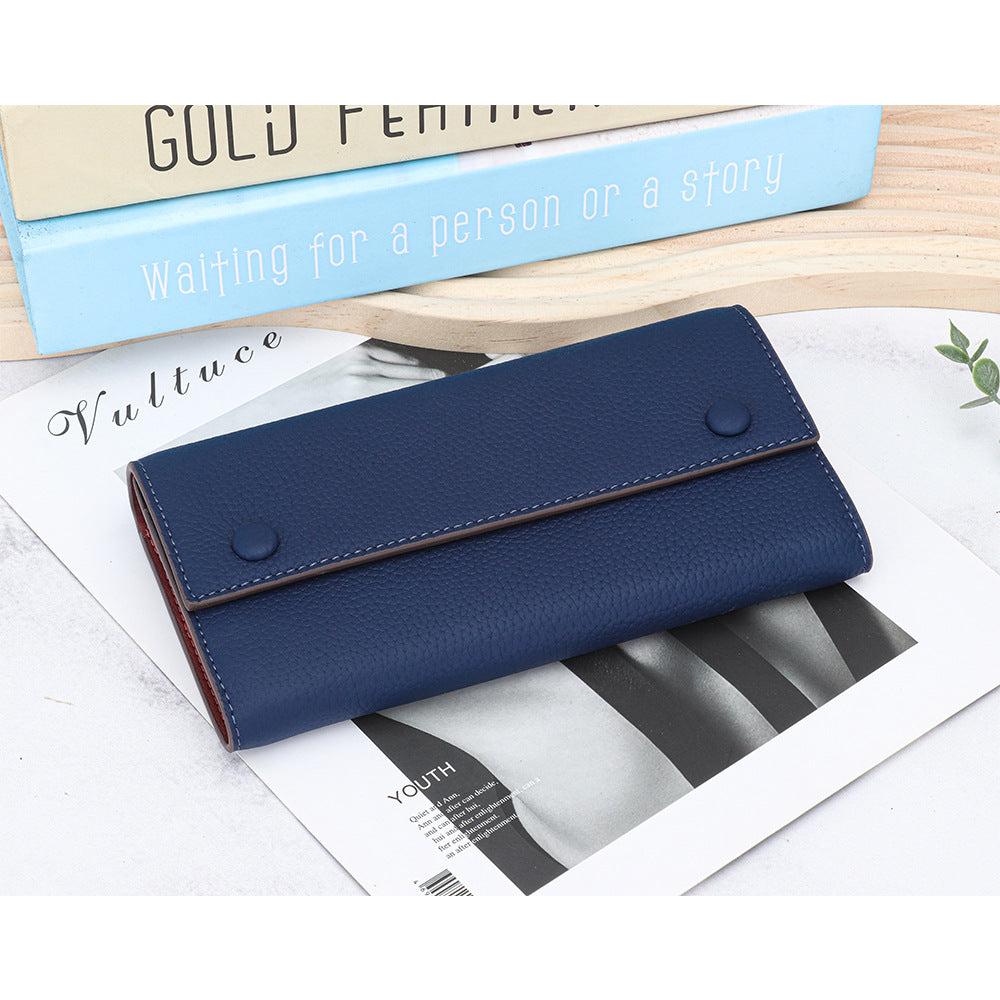 Women's First Layer Cowhide Long Large Capacity Color Matching Purses
