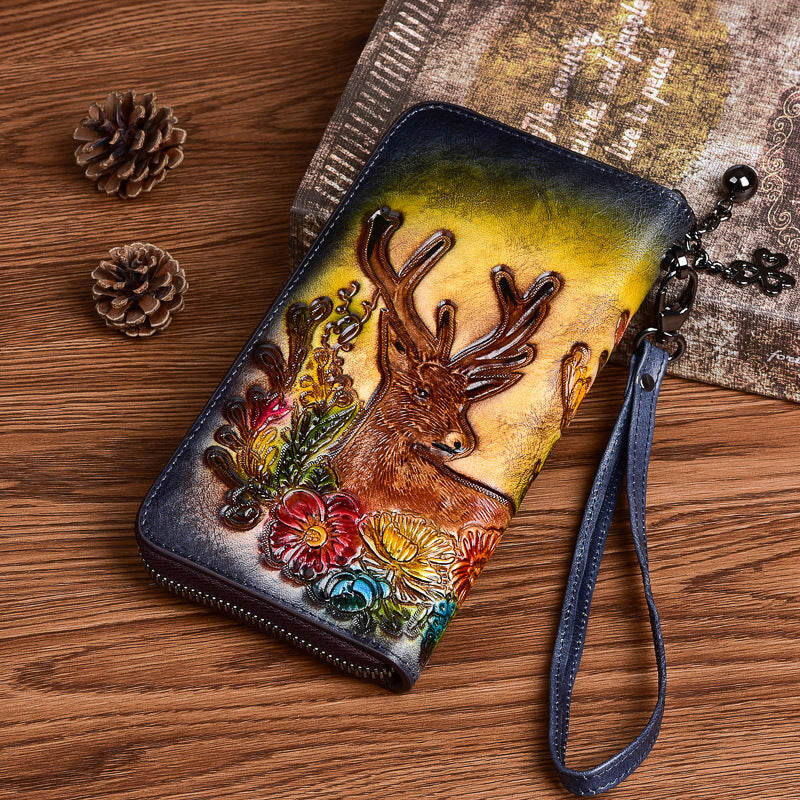 Women's First Layer Cowhide Deer Head Embossed Long Ladies Wallets