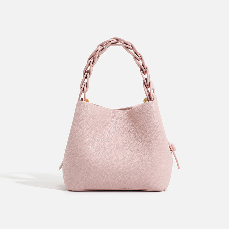 Women's Portable Soft Leather Lychee Pattern Drawstring Handbags