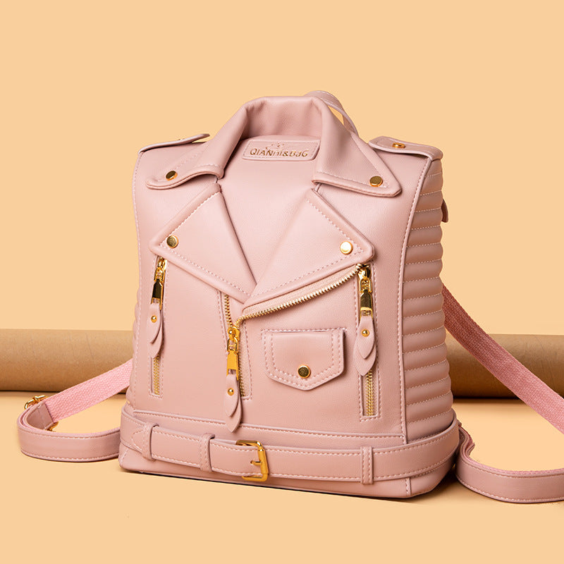 Women's Soft Leather Textured Jacket Trendy Wild Backpacks