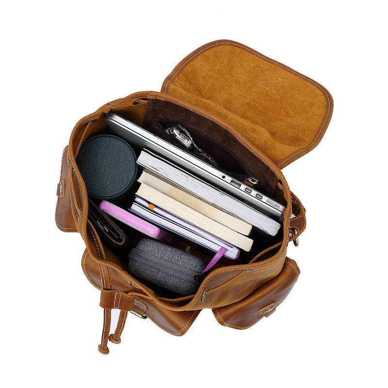 Men's Cowhide Crazy Horse Leather Retro Leisure Backpacks