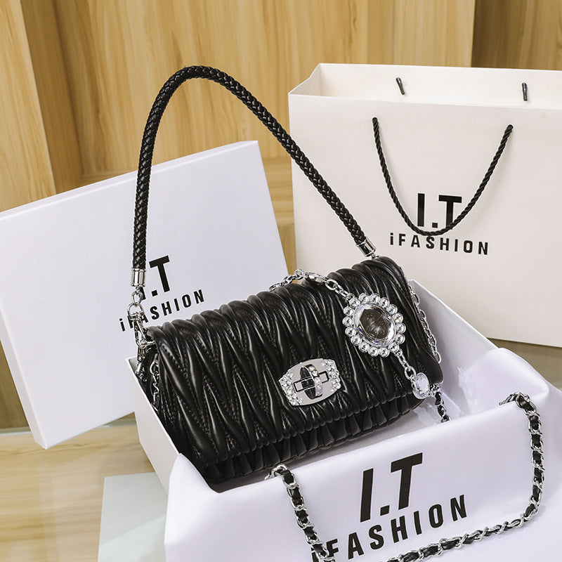 Shopping Genuine Leather Underarm Rhinestone Chain Shoulder Bags