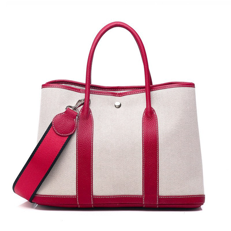 Women's With Canvas Genuine Leather Stuffed Red Handbags