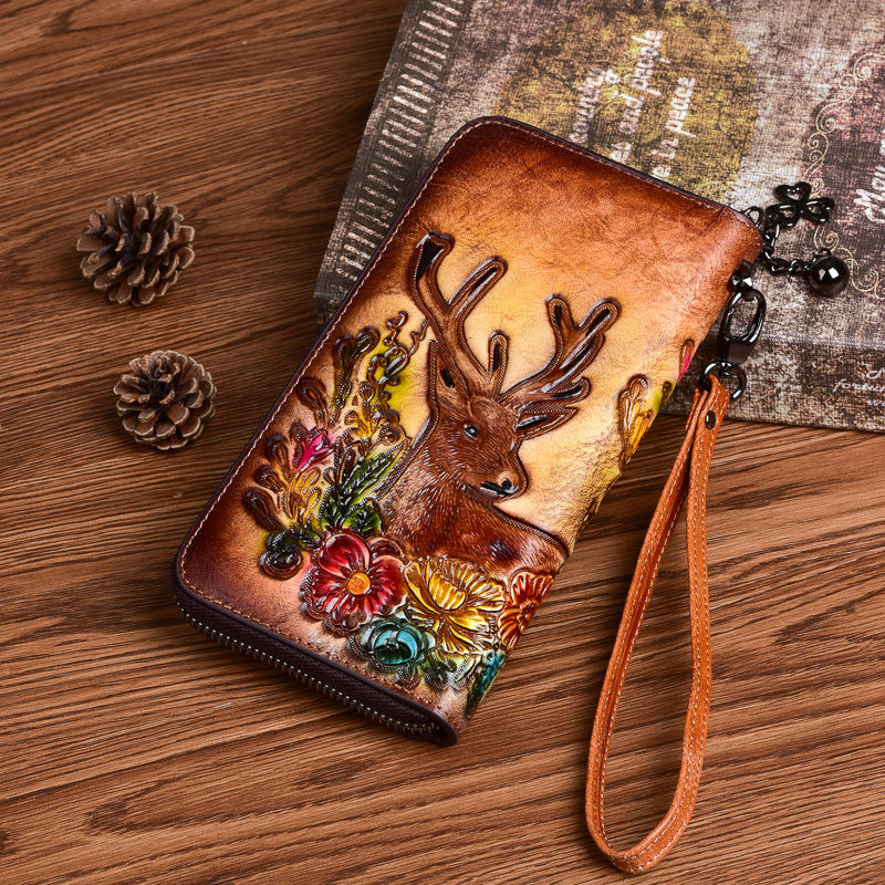 Women's First Layer Cowhide Deer Head Embossed Long Ladies Wallets