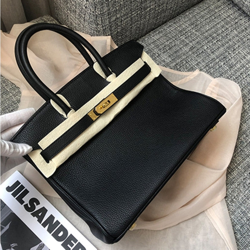 Women's First Layer Cowhide Lychee Pattern Leather Fashion Handbags
