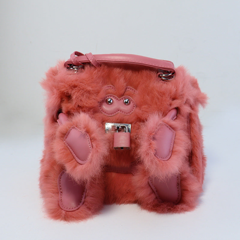 Women's Monster Eyes Smiley Face Eyebrow Real Rabbit Fur Handbags