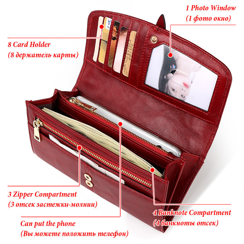 Women's Long Zip Large Capacity First Layer Ladies Wallets