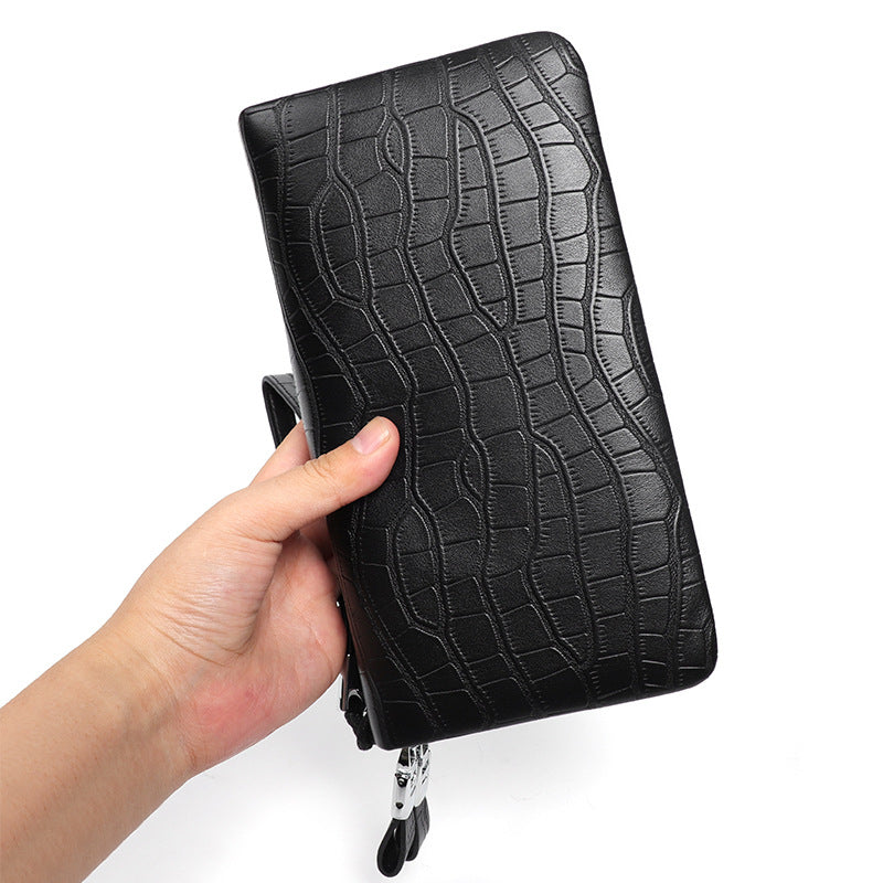 Men's Crocodile Pattern Man's Genuine Leather Double Zipper Long Multiple Men's Wallets