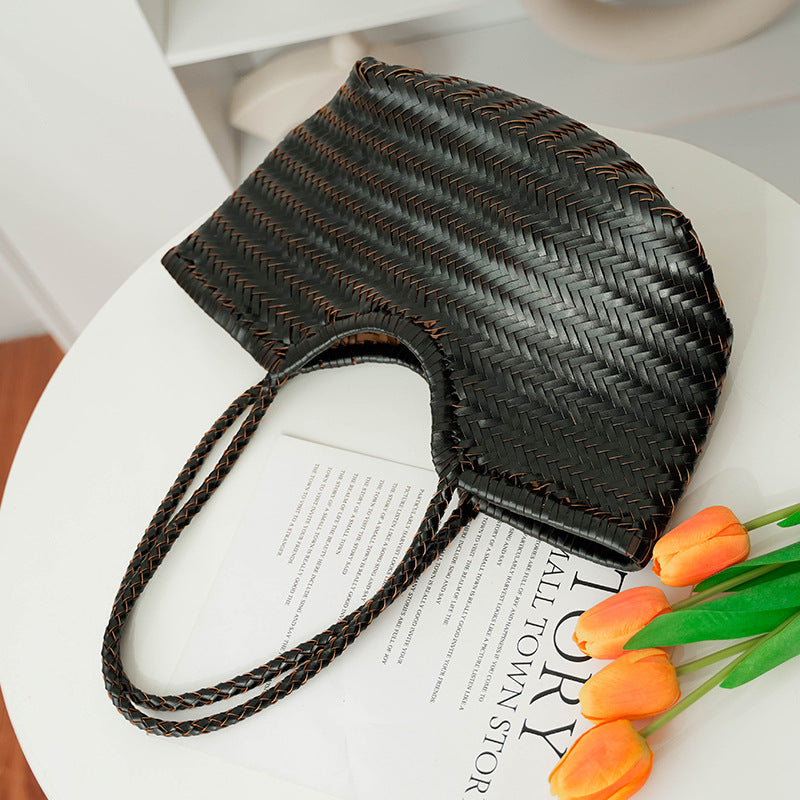 French Retro Woven Authentic Leather Weave Handbags