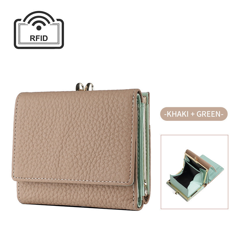 Women's Layer Cowhide Lychee Pattern Tri Fold Ladies Wallets