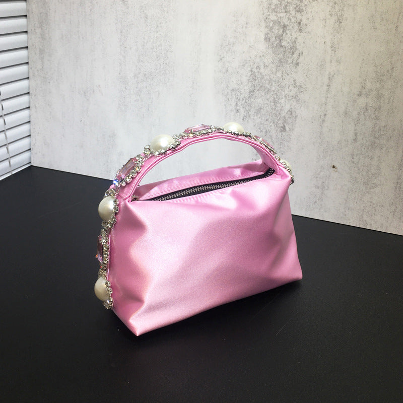 Women's Rhinestone Pearl Pillow Dinner Silk Lunch Handbags