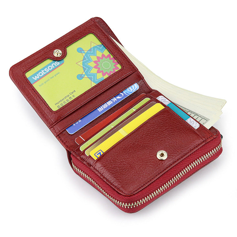 Women's One-piece Embossed First Layer Oil Wax Cowhide Short Ladies Wallets