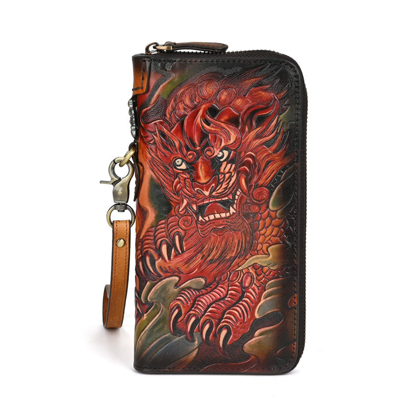 Men's Genuine Leather Carving Craft Retro Long Men's Wallets