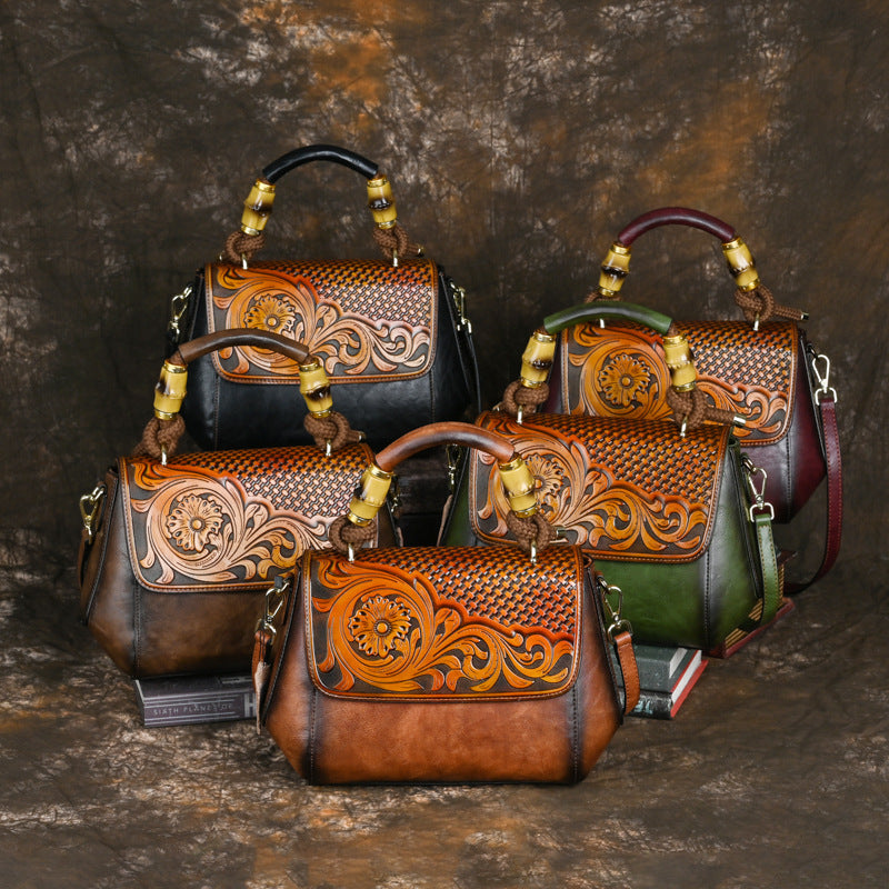 Women's Retro National Style Leather Carving Craft Handbags