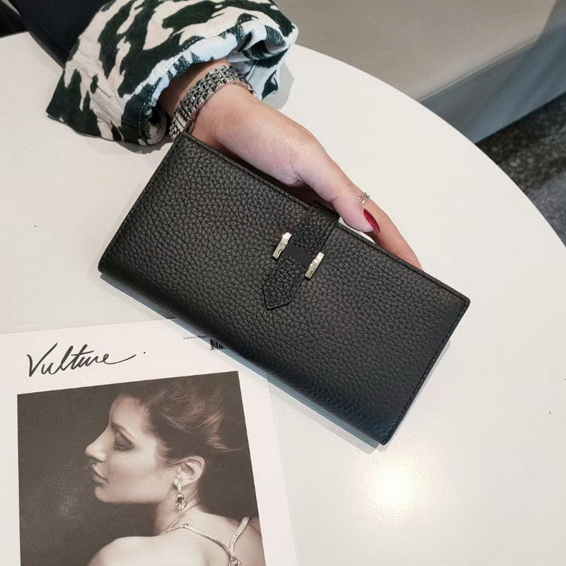 Women's Simple Cowhide Clutch Litchi Pattern Fashion Long Ladies Wallets