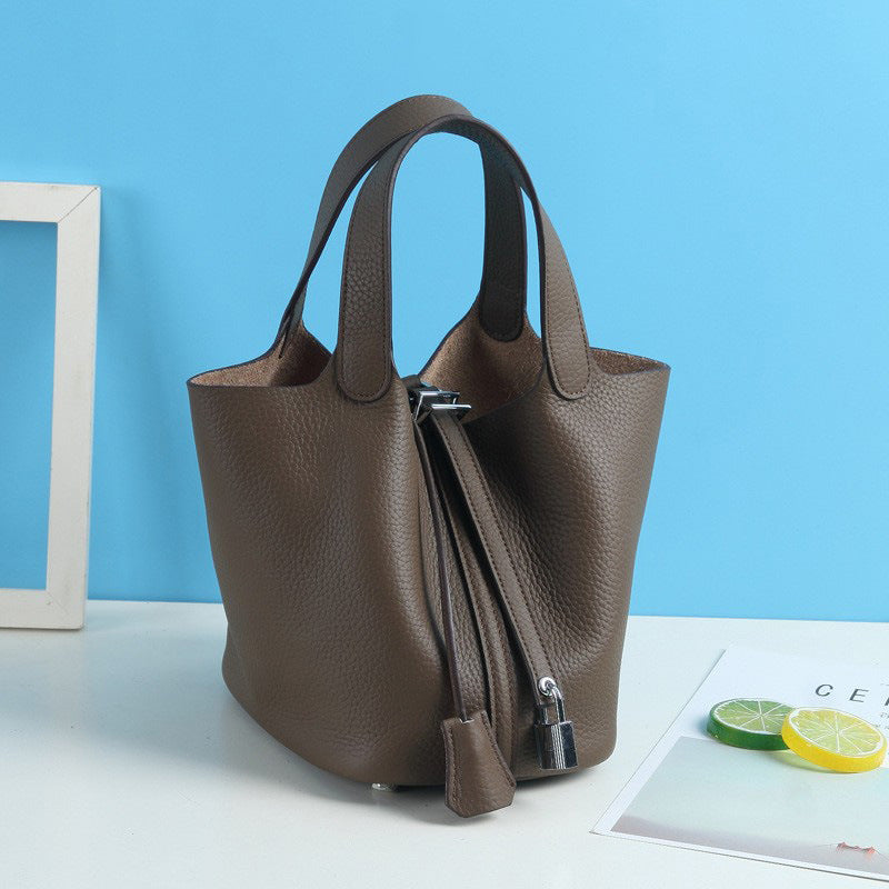 Lychee Pattern Vegetable Basket Genuine Leather Fashion First Layer Handbags