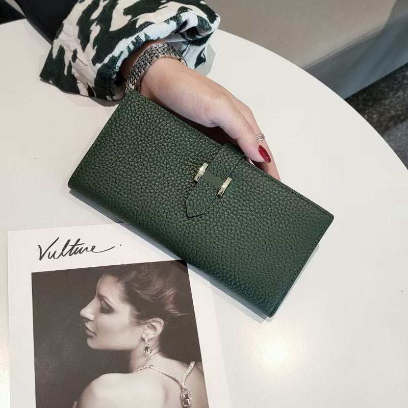 Women's Simple Cowhide Clutch Litchi Pattern Fashion Long Ladies Wallets