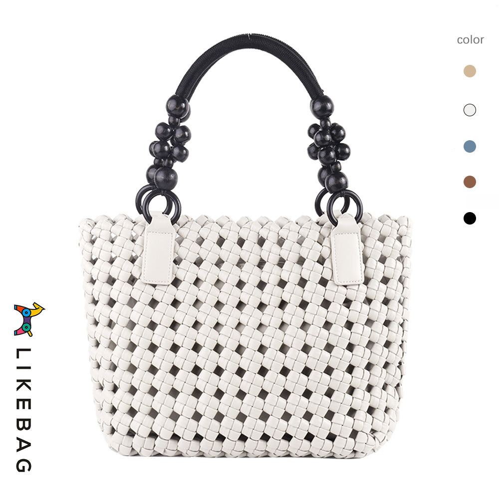 Women's Vegetable Basket Woven Portable Advanced Hollow Wooden Bead Handbags