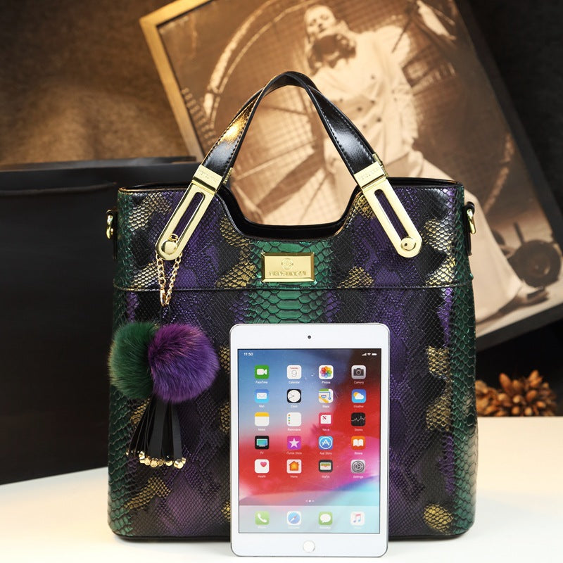 Women's Genuine Leather Snake Pattern Fashion Big Handbags